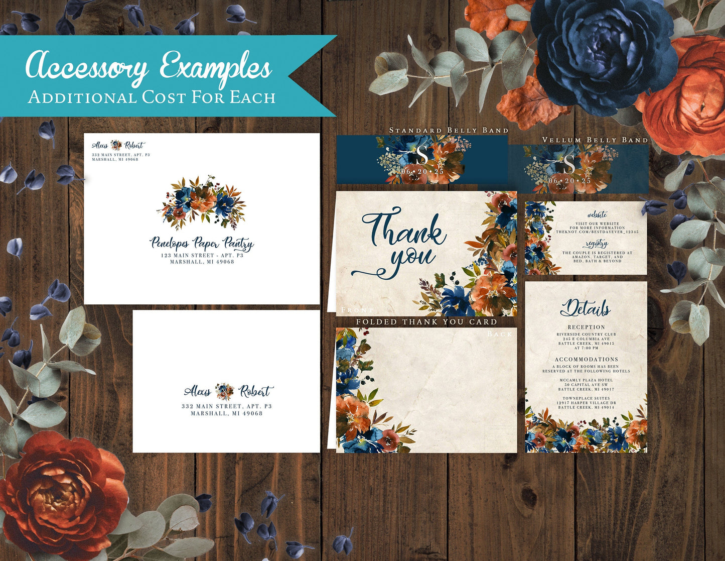 Turquoise and Burnt Orange Florals on Faux Parchment Background Fall Wedding Invitation, Set, or Suite