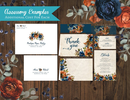 Turquoise and Burnt Orange Florals on Faux Parchment Background Fall Wedding Invitation, Set, or Suite