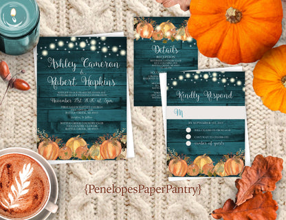 Orange Pumpkins on Teal Wood Fall Wedding Invitation, Set, or Suite