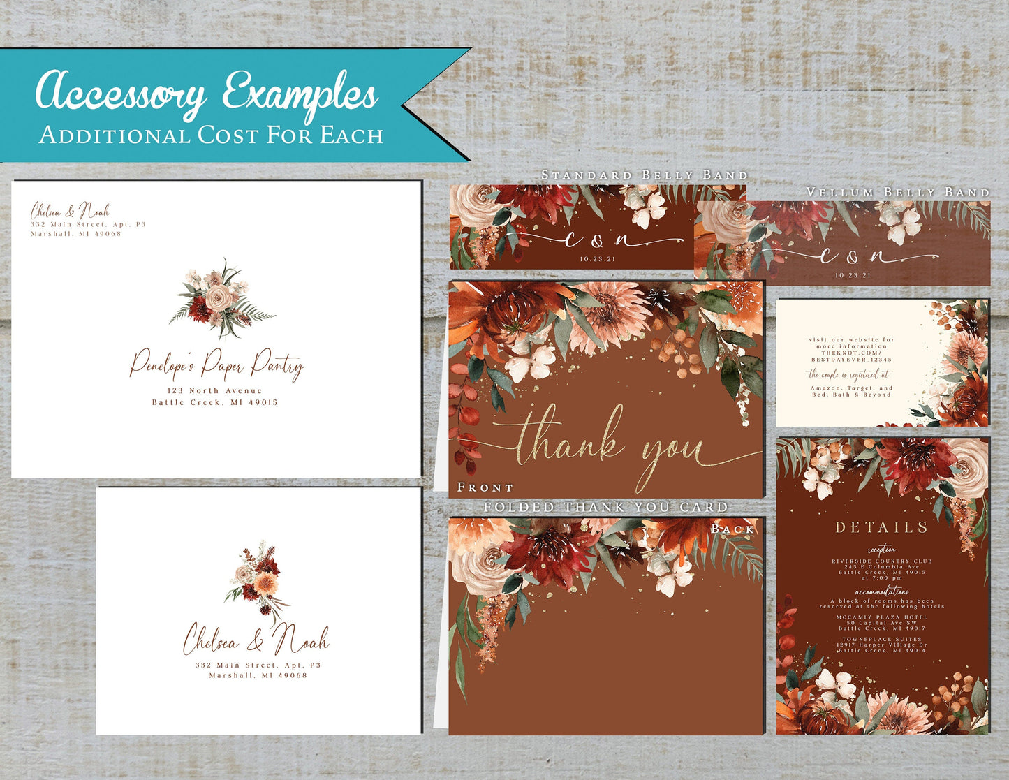 Terracotta Floral Wedding Invitation – Rust, Greenery & Gold – Personalized Shimmery Printed Invite with Envelopes Included