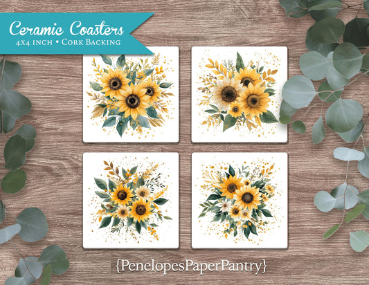 Sunflower Coasters Set Of Four Beverage Coaster Printed Gift For Her Christmas Present Stocking Stuffer Bridal Shower Wedding Housewarming