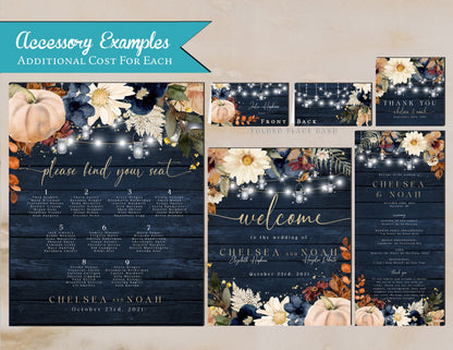 Rustic Fall Wedding Invitation – Personalized Navy & Barn Wood Design with Rust, White Pumpkins & Gold Shimmer – Printed with Envelopes Included