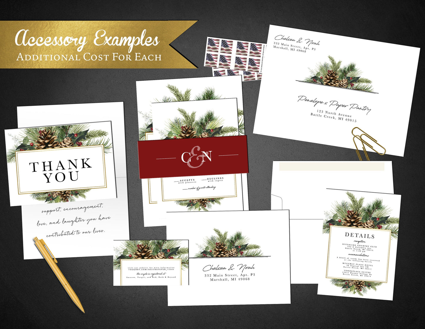 Pinecone Branches with Gold Foil Frame Winter Wedding Invitation, Set, or Suite