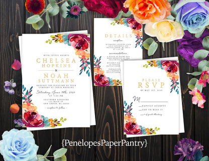 Elegant Bright Floral Summer Wedding Invitation Personalized Hot Colors Gold Print Shimmery Printed Invitations Envelopes Included Unique