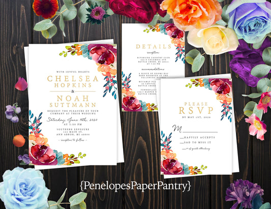 Elegant Bright Floral Summer Wedding Invitation Personalized Hot Colors Gold Print Shimmery Printed Invitations Envelopes Included Unique
