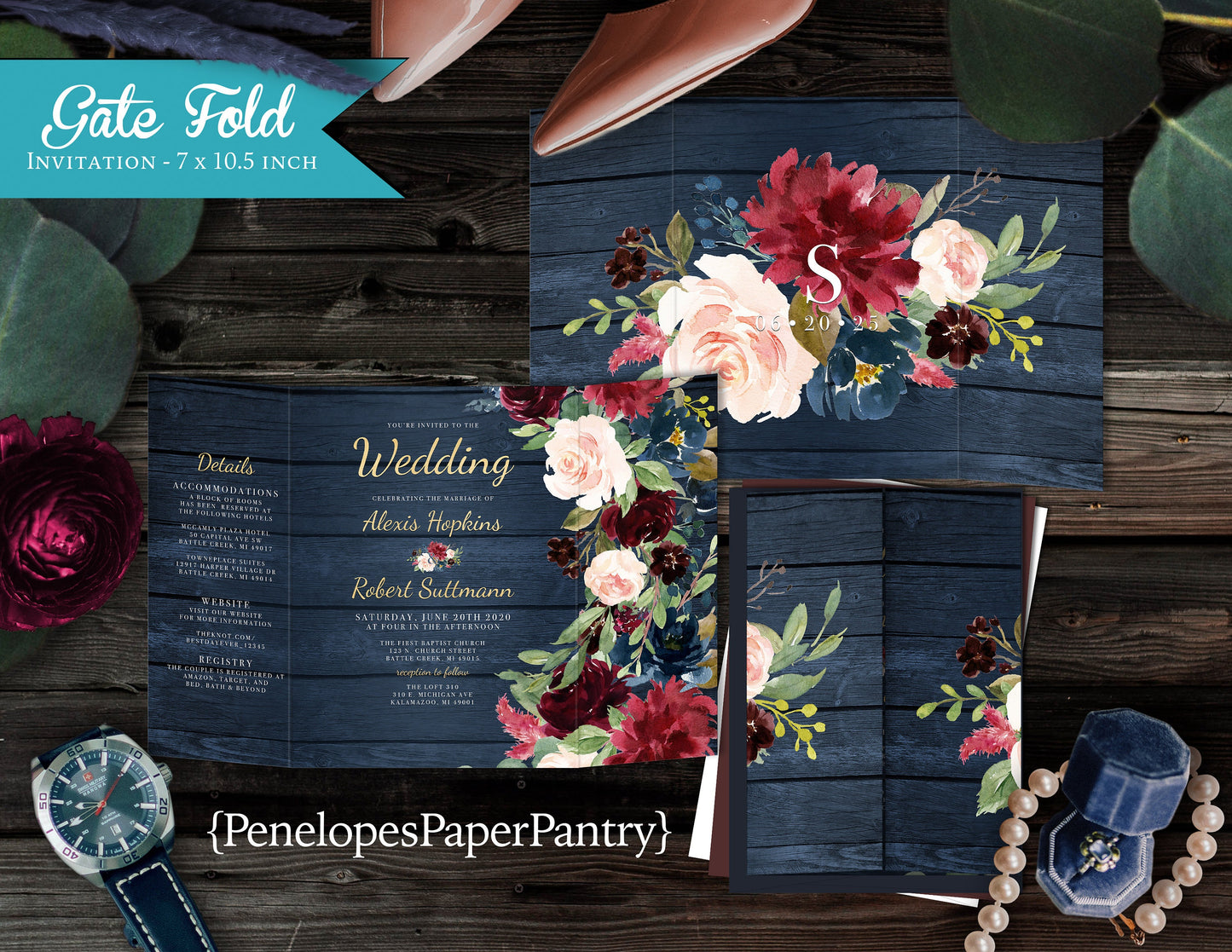 Gatefold Navy, Blush, and Burgundy Florals with Blue Wood Background Folded Wedding Invitation, Set, or Suite