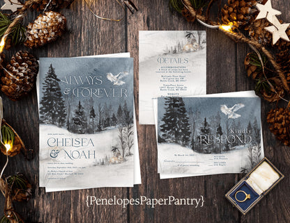 Woodland Winter Wedding Invitation – Pine Forest, Snow, Night Sky, White Owl, Custom Printed with Envelopes Included