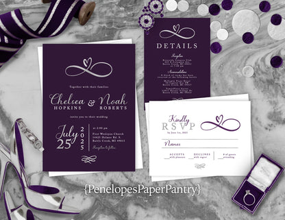 a purple and white wedding suite with purple ribbon