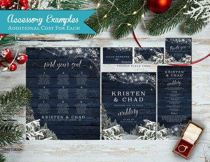Rustic Winter Wedding Invitation – Snow, Evergreen Trees, Snowflakes, Navy Barn Wood, Shimmery Custom Printed with Envelopes Included