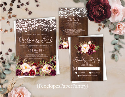 Rustic Fall Wedding Invitation – Burgundy & Blush Roses, Barn Wood & Fairy Lights – Personalized Printed Invitations with Envelopes Included