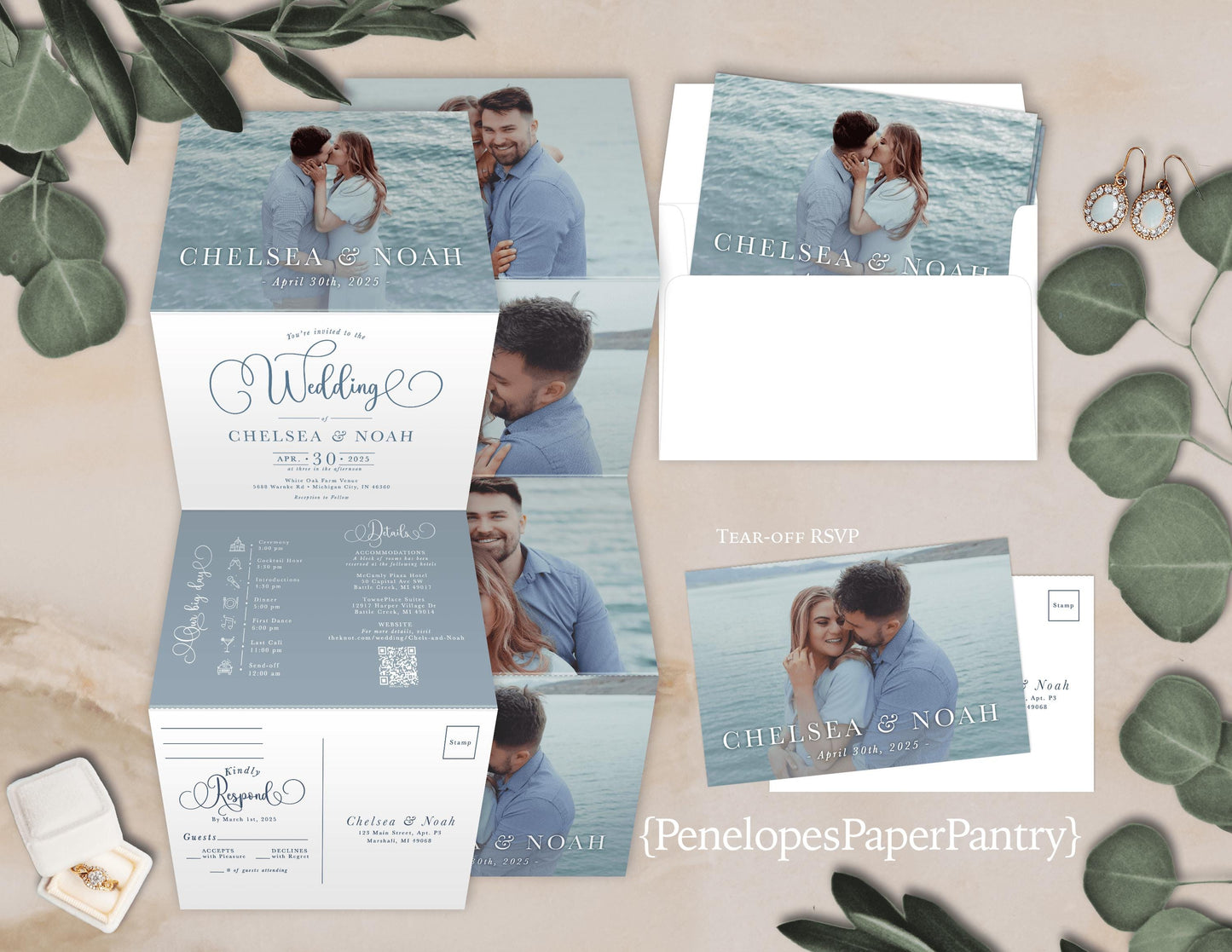 All in One Engagement Photos and Dust Blues Folded Wedding Invitation with Tear-Off RSVP