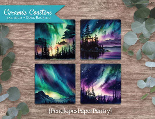 Northern Lights Ceramic Coasters Set Of Four Christmas Decor Gift For Her Gift For Him Cork Back Unique Stocking Stuffer Gift For Teacher