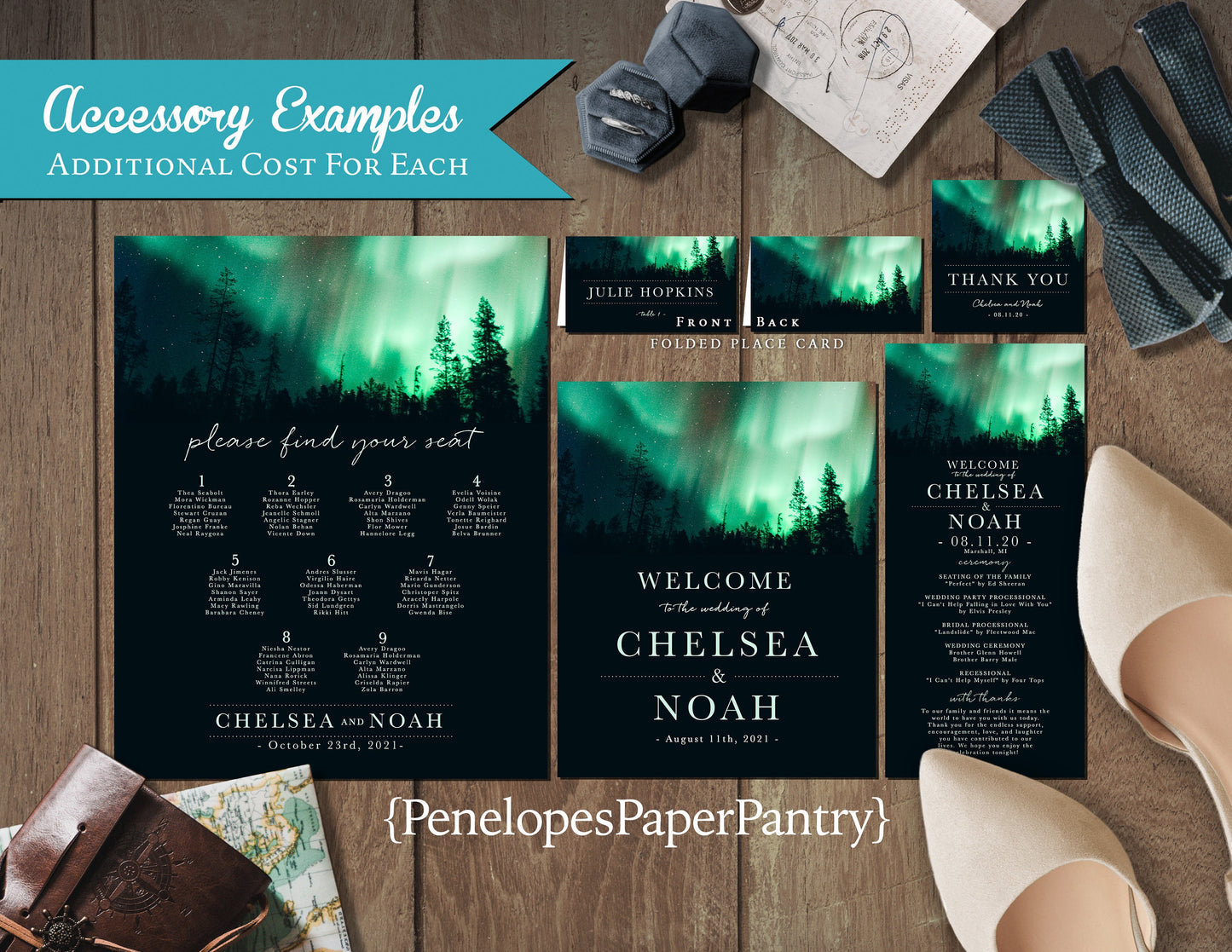 Unique Northern Lights Wedding Invitation Personalized Emerald Green Starry Sky Shimmery Printed Invitations Envelopes Included Custom Text