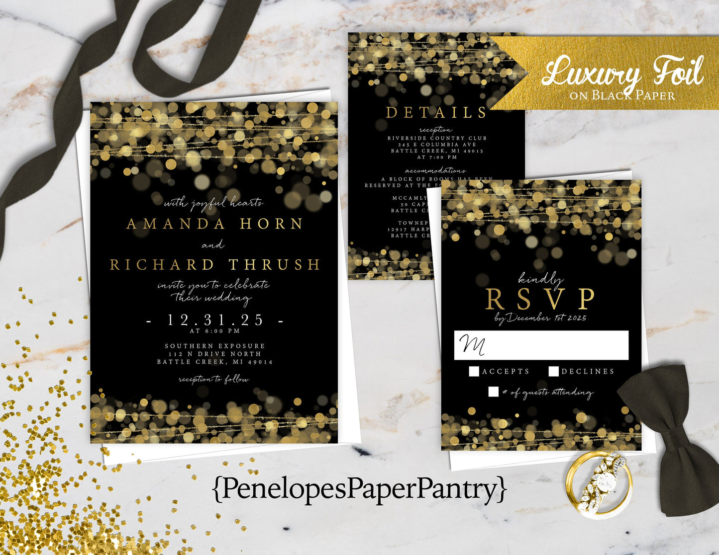 Gold Foil Bokeh String Lights on Black Background New Years Traditional Wedding Invitation, Sets, or Suite