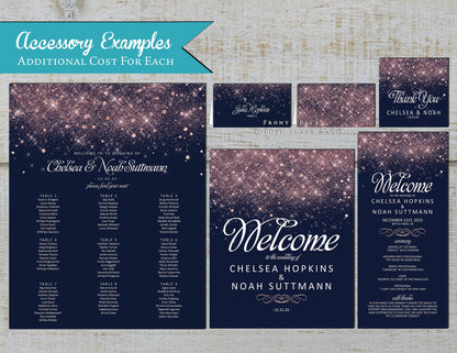 Pink Faux Glitter with Navy Blue Background Wedding Invitation, Set, or Suite