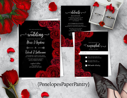 Red Florals with Black Background Rose Wedding Invitation, Set, or Suite