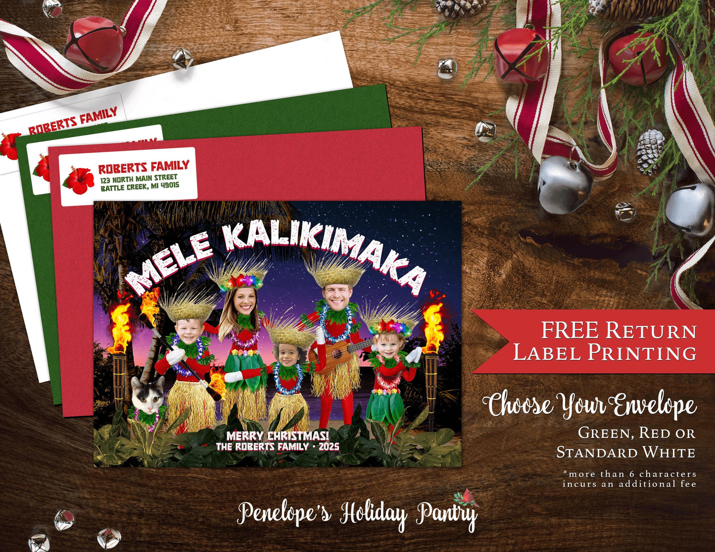 Funny Mele Kalikimaka Christmas Photo Card – Personalized Hawaiian Luau Family Card – Grass Skirts, Custom Text, Printed with Envelopes & Return Labels