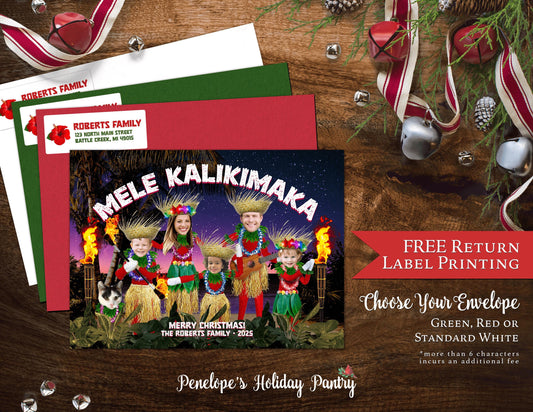 Funny Mele Kalikimaka Christmas Photo Card – Personalized Hawaiian Luau Family Card – Grass Skirts, Custom Text, Printed with Envelopes & Return Labels