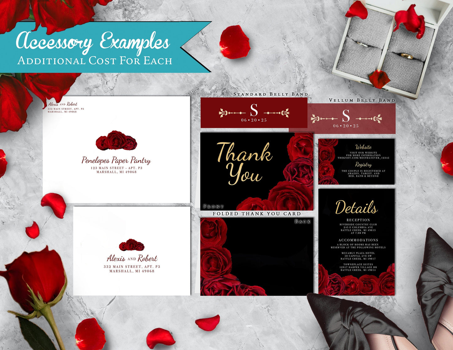 Red Florals with Black Background Rose Wedding Invitation, Set, or Suite