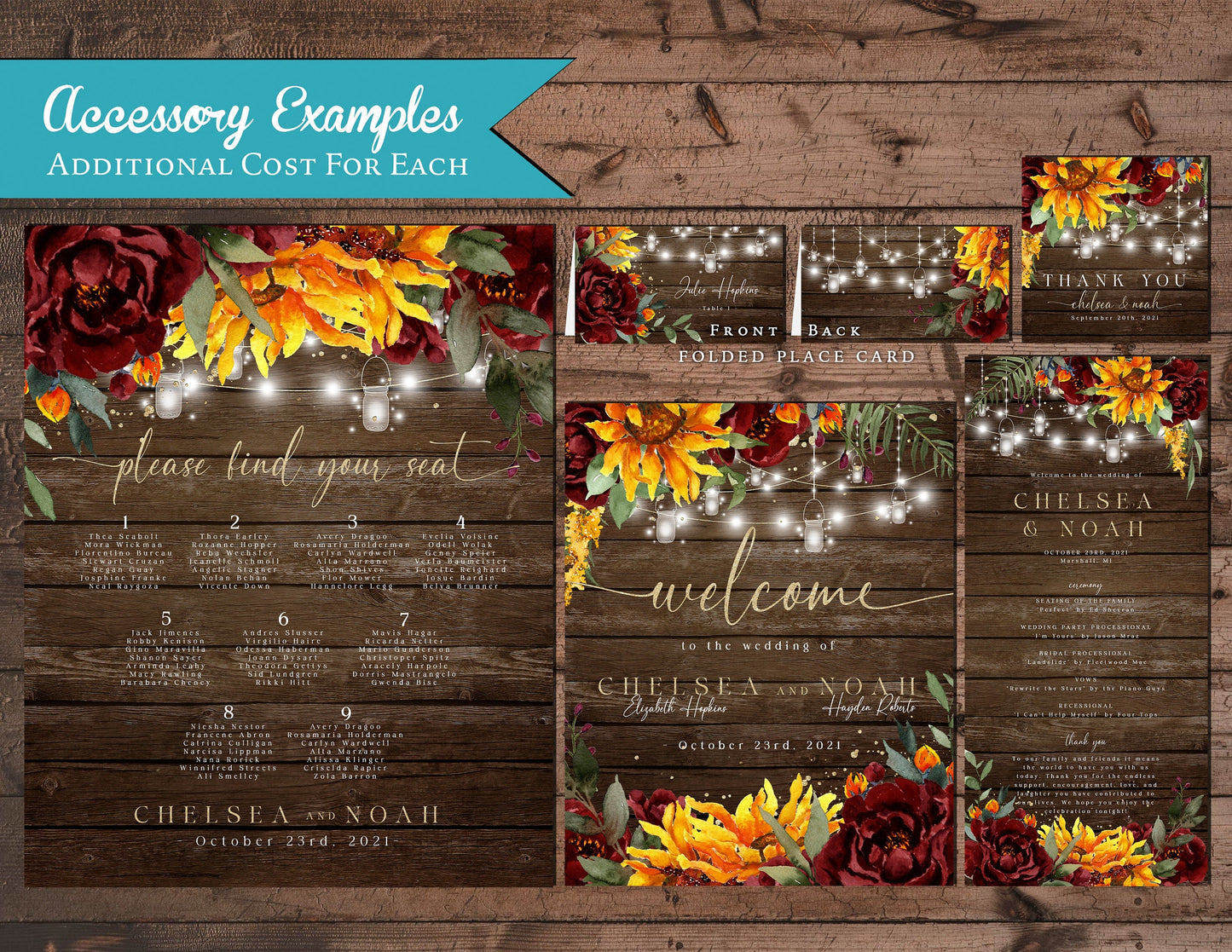 Rustic Sunflower Fall Wedding Invitation – Barn Wood, Burgundy Roses & Fairy Lights – Personalized Gold Shimmery Printed Invitations by Penelope’s Paper Pantry