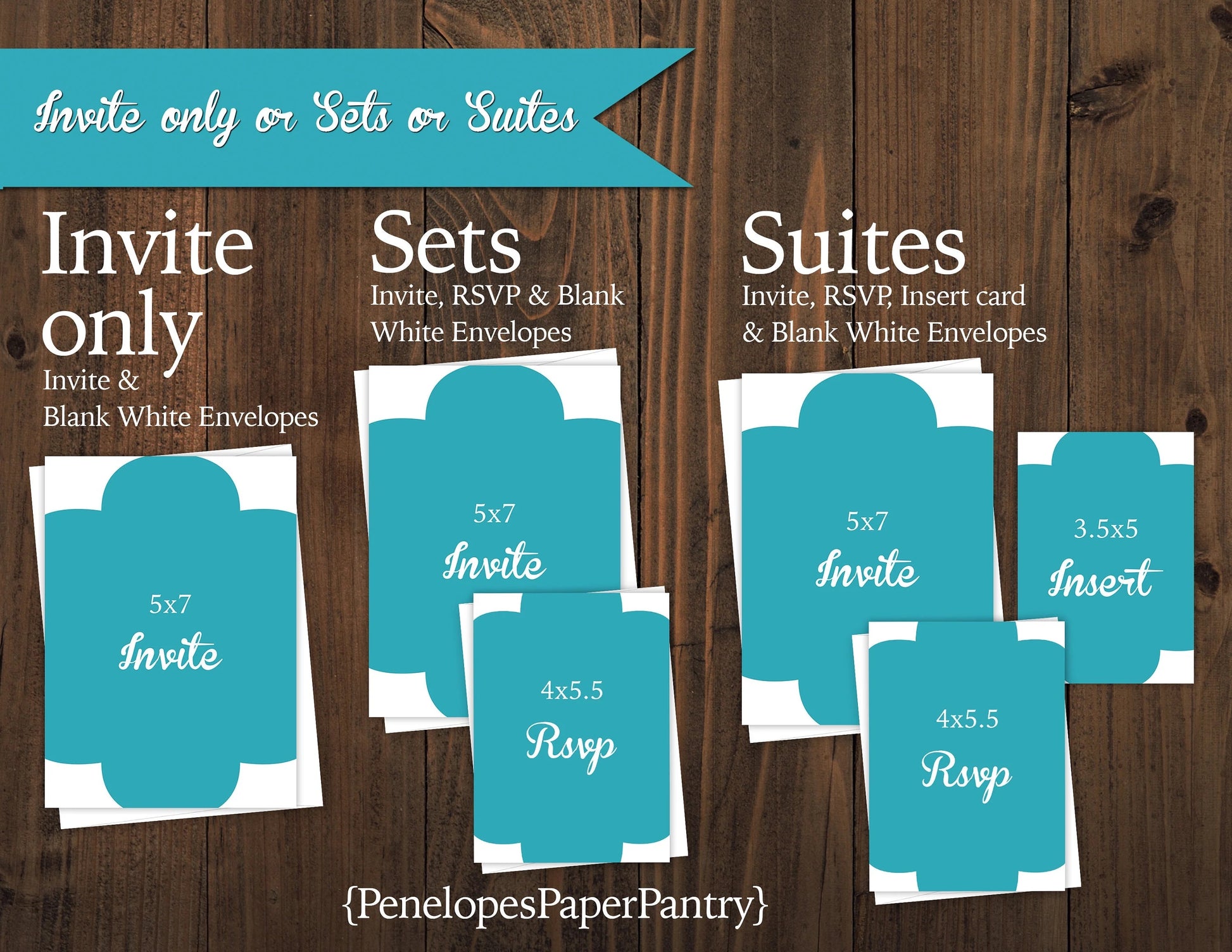 a set of six teal blue and white envelopes