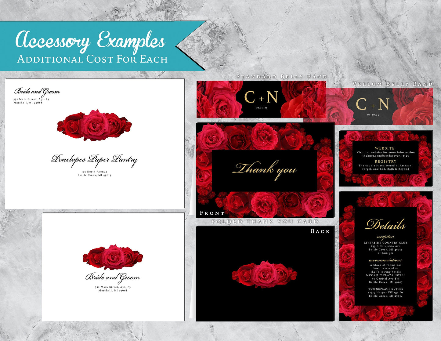 Red Florals with Black Background Rose Wedding Invitation, Set, or Suite