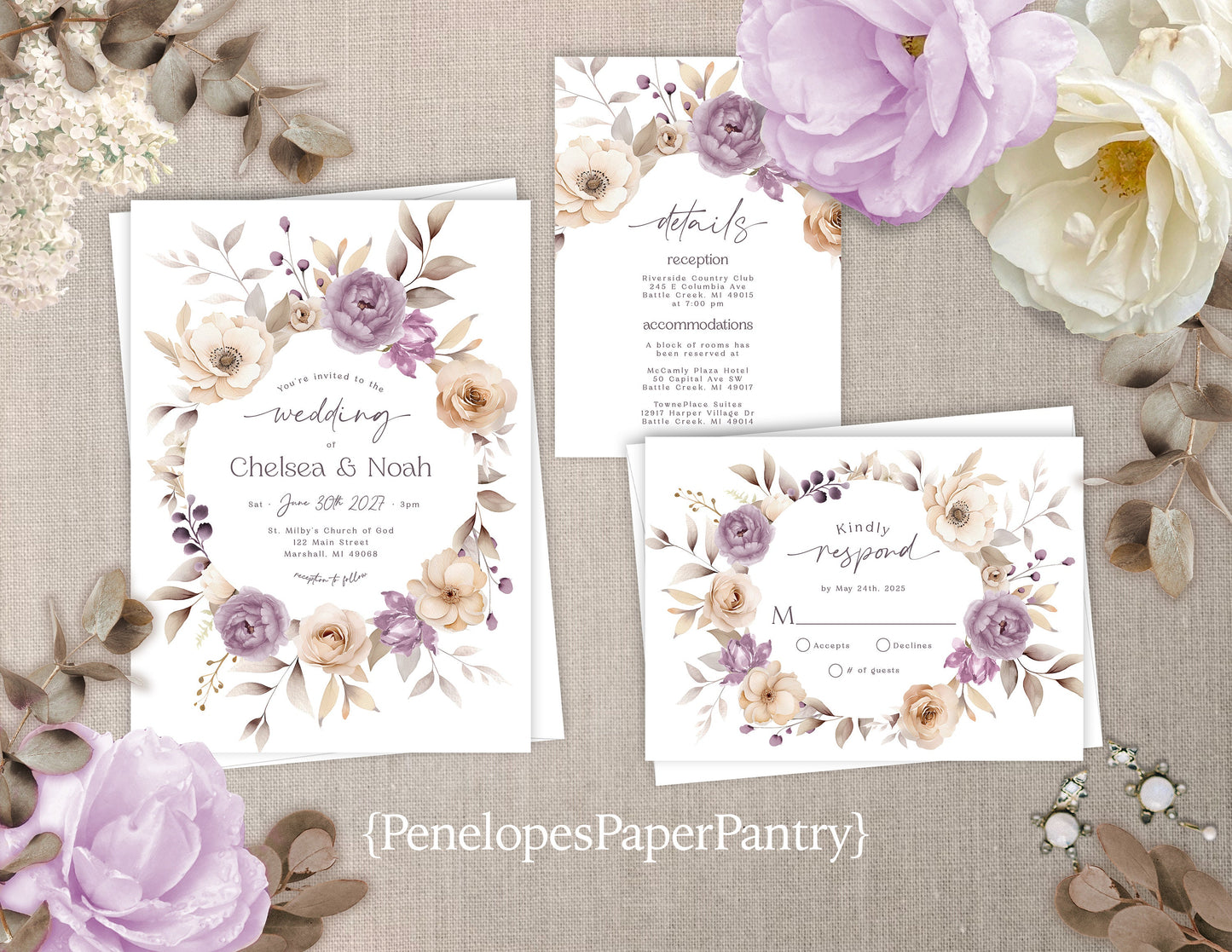 Dusty Purple Floral Wreath on White Background Summer Wedding Invitation, Set, or Suite