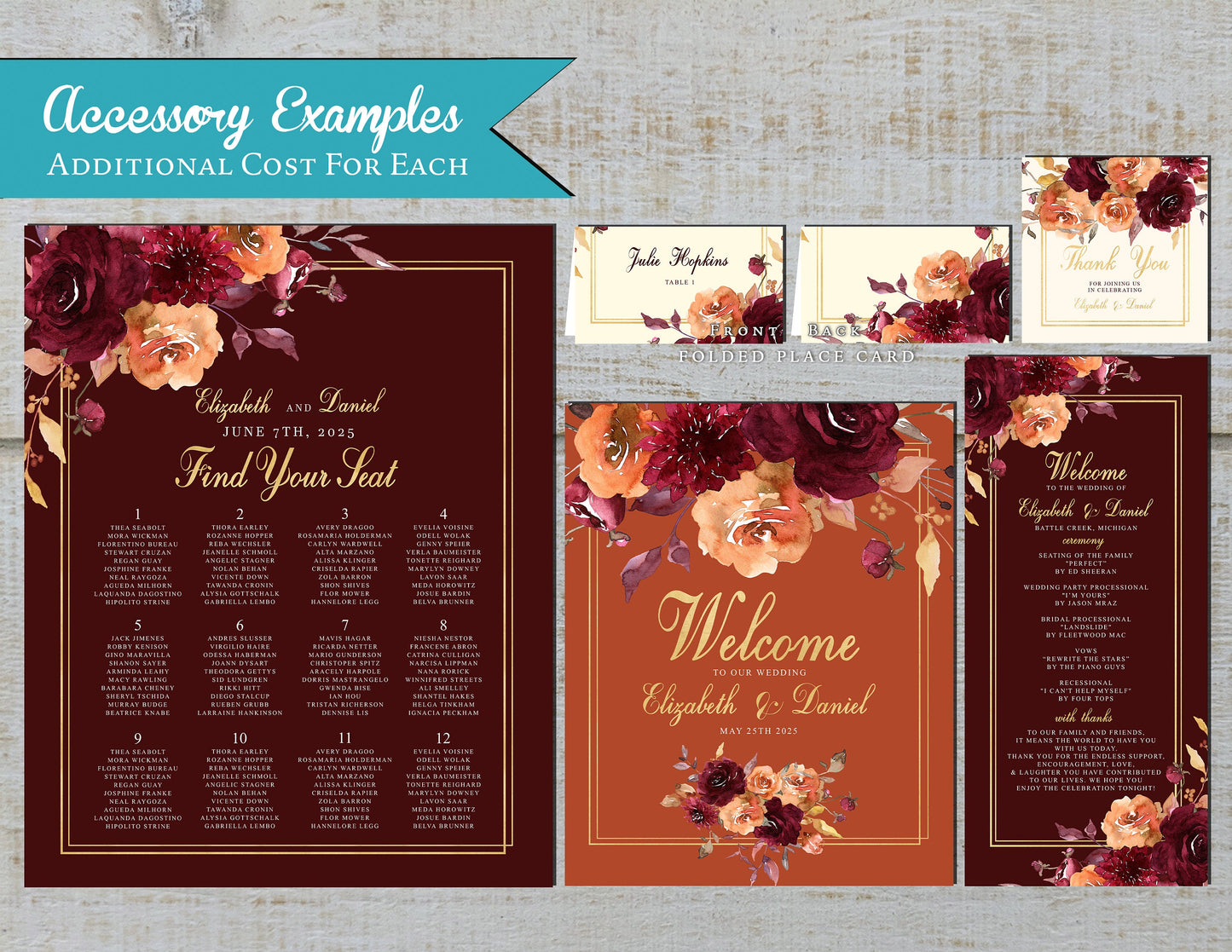 Burgundy and Orange Florals on Burgundy, Burnt Orange, and Ivory Hues Fall Wedding Invitation, Set, or Suite