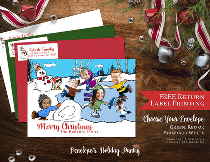 Funny Charlie Brown Christmas Family Photo Card – Personalized Snoopy Ice Skating Holiday Card with Custom Text & Envelopes