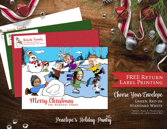 Funny Charlie Brown Christmas Family Photo Card – Personalized Snoopy Ice Skating Holiday Card with Custom Text & Envelopes