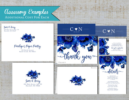 Elegant Sapphire Blue Floral Summer Wedding Invitation Personalized Royal Blue Cobalt Roses We Do Calligraphy Printed Invitation Envelopes