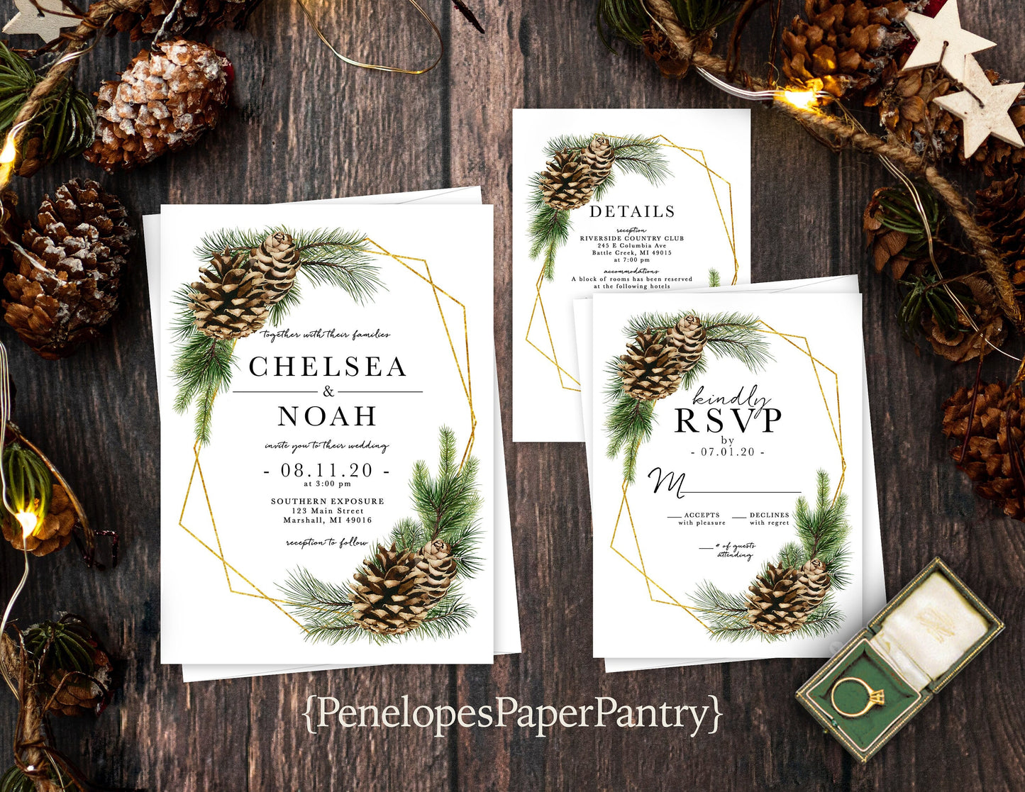 Pinecone and Branches with Gold Geometric Frame Winter Wedding Invitation, Set, or Suite