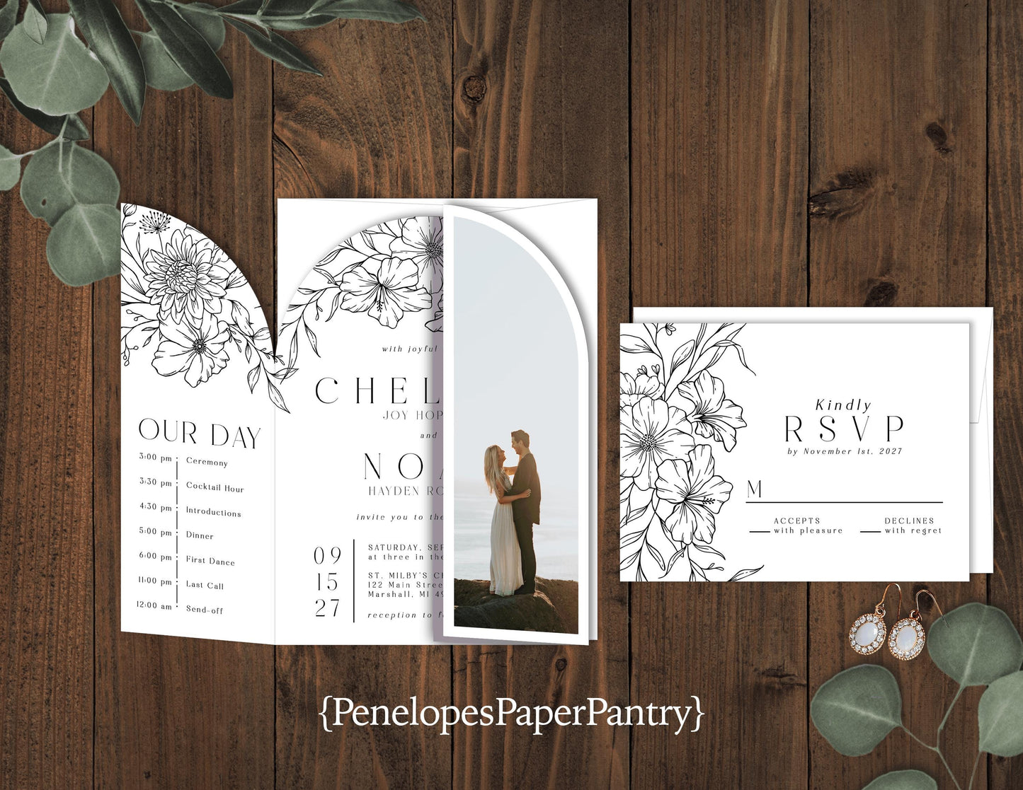 Die Cut Arch Gatefold Floral Line Art Florals and Engagement Photo Folded Wedding Invitation, Set, or Suite