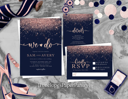 Rose Gold Faux Glitter with Navy Blue Background Invitation Traditional Wedding Invitation, Sets, or Suite