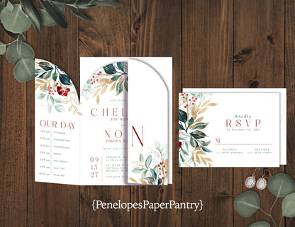 Die Cut Gatefold Winter Florals with White Background Folded Wedding Invitation, Set, or Suite