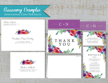 Elegant Bright Floral Summer Wedding Invitation,Bright Floral Summer Wedding Invite,Vibrant Colors,Pink,Aqua,Purple,Shimmery Invitation