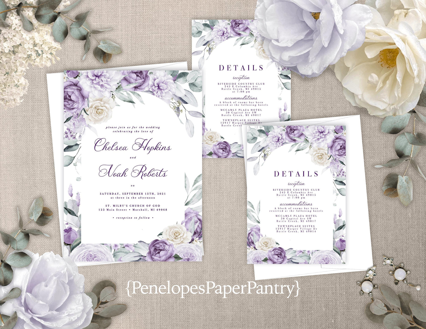 Elegant Purple Floral Summer Wedding Invitation Personalized Lavender Lilac Sage Calligraphy Shimmery Printed Invitations Envelopes Included