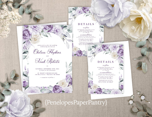 Elegant Purple Floral Summer Wedding Invitation Personalized Lavender Lilac Sage Calligraphy Shimmery Printed Invitations Envelopes Included