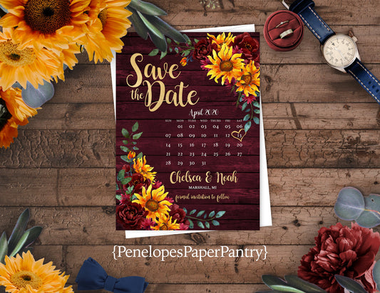 Sunflower and Burgundy Florals with Calendar and Burgundy Wood Background Save the Date