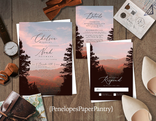 Pink Sunset in the Mountains Wedding Invitation, Set, or Suite