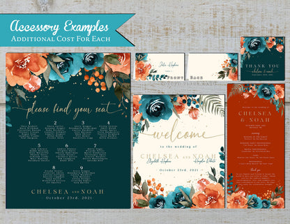 Teal and Orange Florals on Dark Teal, Burnt Orange, and Ivory Hues Fall Wedding Invitation, Set, or Suite