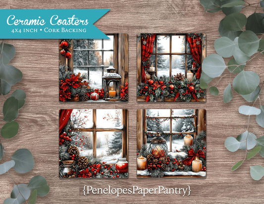 Rustic Christmas Window Scenes Ceramic Coasters Set Of Four Holiday Home Decor Gift For Her Gift For Him Unique Gift Stocking Stuffer