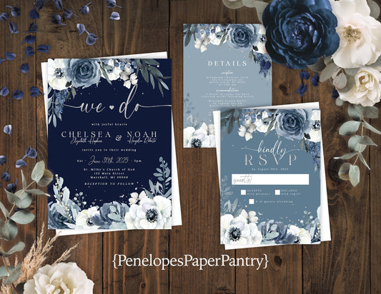 Blue and White Florals on Blue Hues Summer Wedding Invitation, Set, or Suite