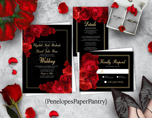 Red Florals with Black Background Rose Wedding Invitation, Set, or Suite