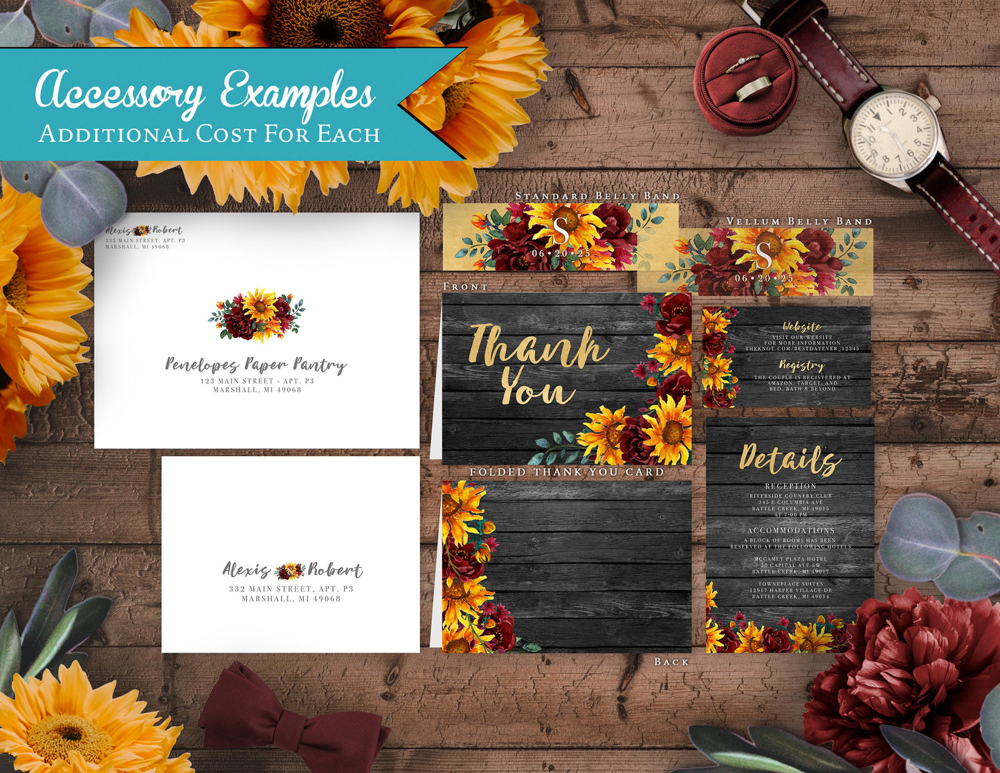 Sunflower and Burgundy Florals on Grey Wood Background Fall Wedding Invitation, Set, or Suite