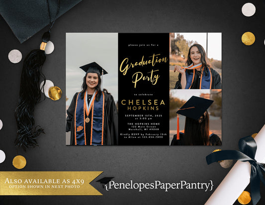 Multi Photo Black Background with Gold Foil Graduation Open House or Ceremony Invitation