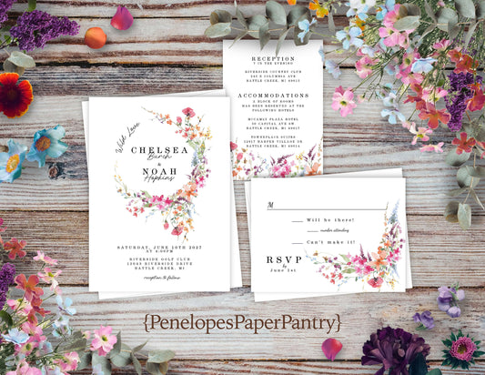 Wildflower Floral Wreath on White Background Summer Wedding Invitation, Set, or Suite