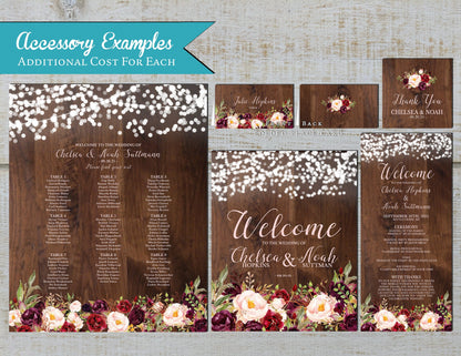 Rustic Fall Wedding Invitation – Burgundy & Blush Roses, Barn Wood & Fairy Lights – Personalized Printed Invitations with Envelopes Included