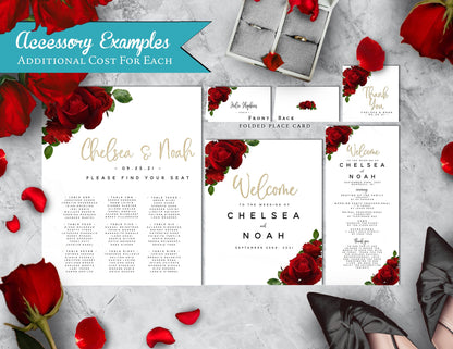 Red Florals with White Background Rose Wedding Invitation, Set, or Suite