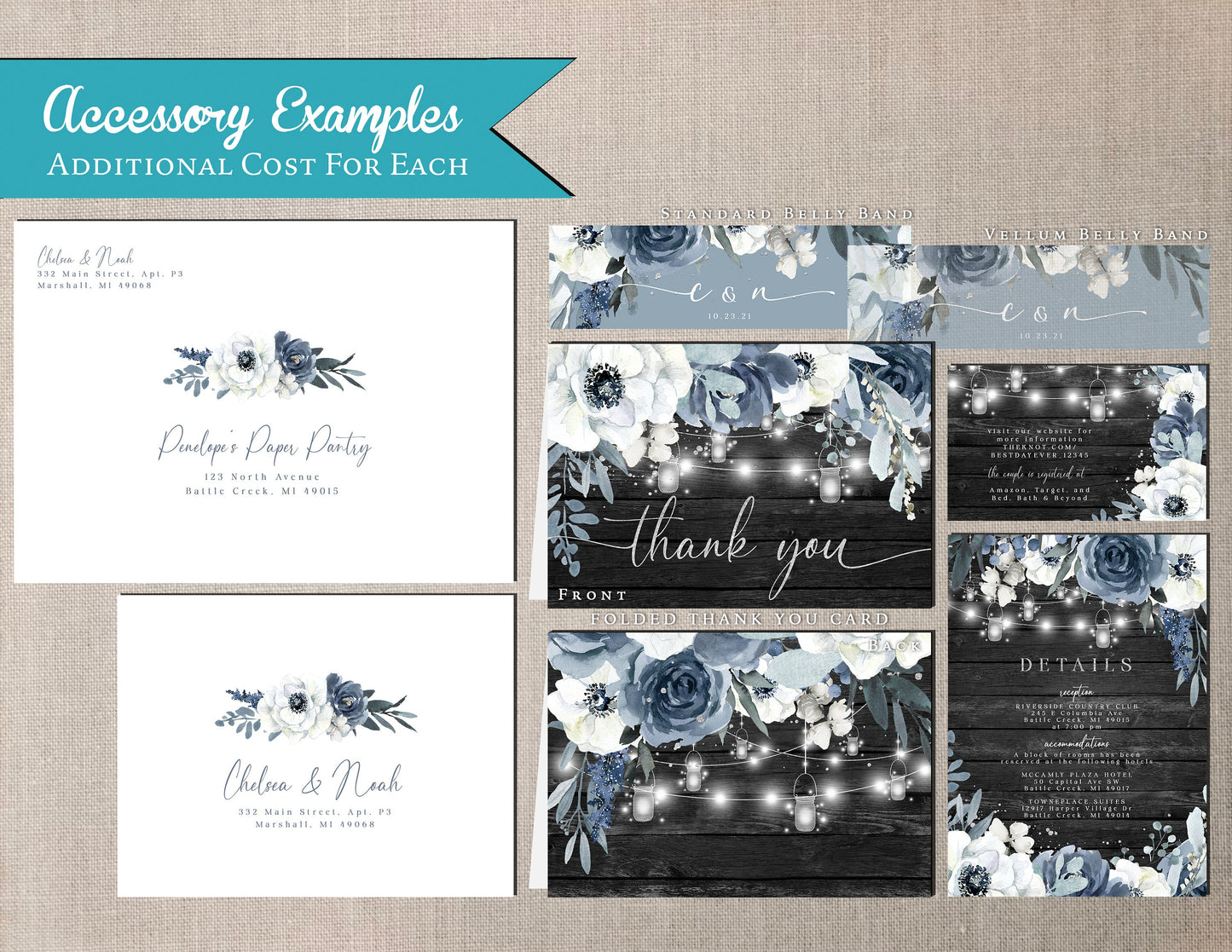 Elegant Rustic Dusty Blue Floral Summer Wedding Invitation Personalized Gray Barn Wood Glowing Lights Shimmery Printed Invitations Envelopes
